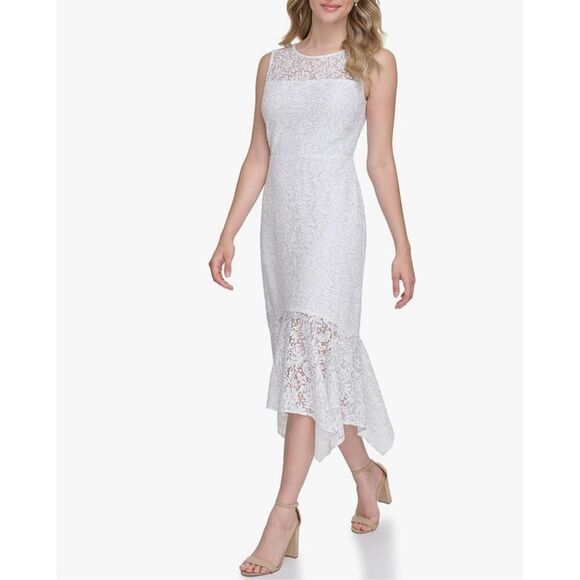 NWT Kenzie white sleeveless asymmetric midi dress,  White floral lace Size 6 - Picture 5 of 10